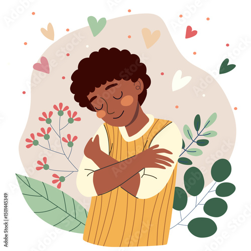 Dark-skinned teenage boy hugging himself with closed eyes, surrounded by floating hearts and green plants. Self-love and body positivity concept illustration.