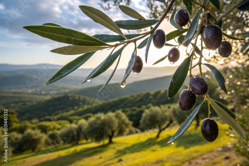 Black olives on tree branch with dew drops in a Mediterranean olive grove at sunset
