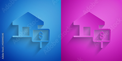 Paper cut House with dollar symbol icon isolated on blue and purple background. Home and money. Real estate concept. Paper art style. Vector
