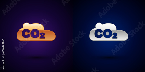 Gold and silver CO2 emissions in cloud icon isolated on black background. Carbon dioxide formula, smog pollution concept, environment concept. Vector