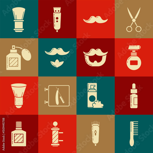 Set Hairbrush, Glass bottle with pipette, Cream or lotion cosmetic tube, Mustache, and beard, Aftershave, Shaving and icon. Vector