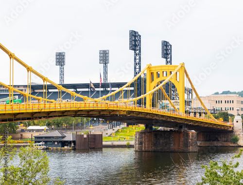 Yellow Bridge Connects Two Banks Near Pittsburgh Pirates Sports Stadium