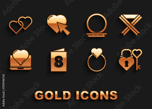 Set Greeting card with 8 March, Breast cancer awareness ribbon, Castle and key heart shape, Wedding rings, Online dating app chat, Makeup powder mirror, Two Linked Hearts and cursor click icon. Vector