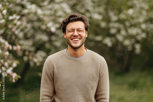 Smiling young caucasian male in glasses enjoying outdoors amid blossoms