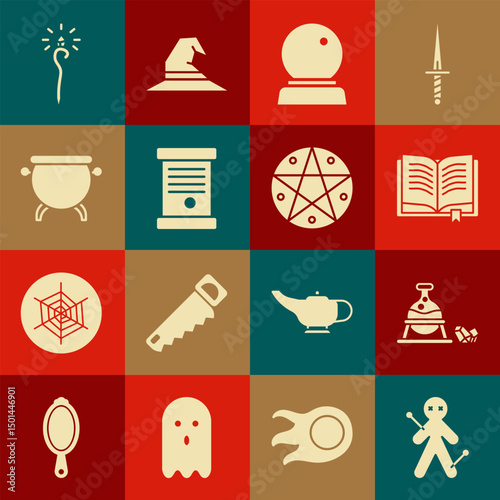 Set Voodoo doll, Witch cauldron and magic stone, Ancient book, Magic ball, Decree, paper, parchment, scroll, staff and Pentagram in circle icon. Vector
