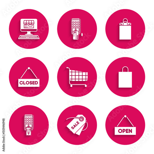Set Shopping cart, Hanging sign text Open door, Paper shopping bag, POS terminal printed reciept and confirms the payment by smartphone, Closed, and building screen computer icon. Vector