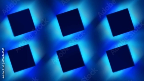 The blue glowing neon animation grid with centered squares is a stylish outline for business, technical and branded videos. A rotating interactive hypnotic platform. 4k