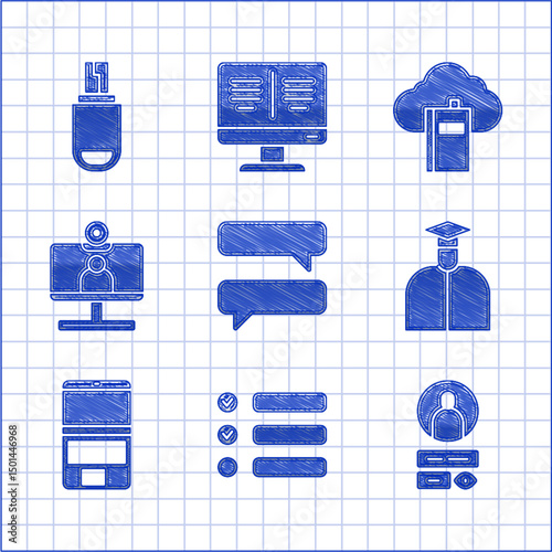 Set Speech bubble chat, Task list, Create account screen, Student, Laptop, Video conference, Cloud or online library and USB flash drive icon. Vector