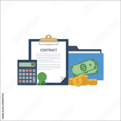 Business contract file with calculator money and documents isolated on transparent background