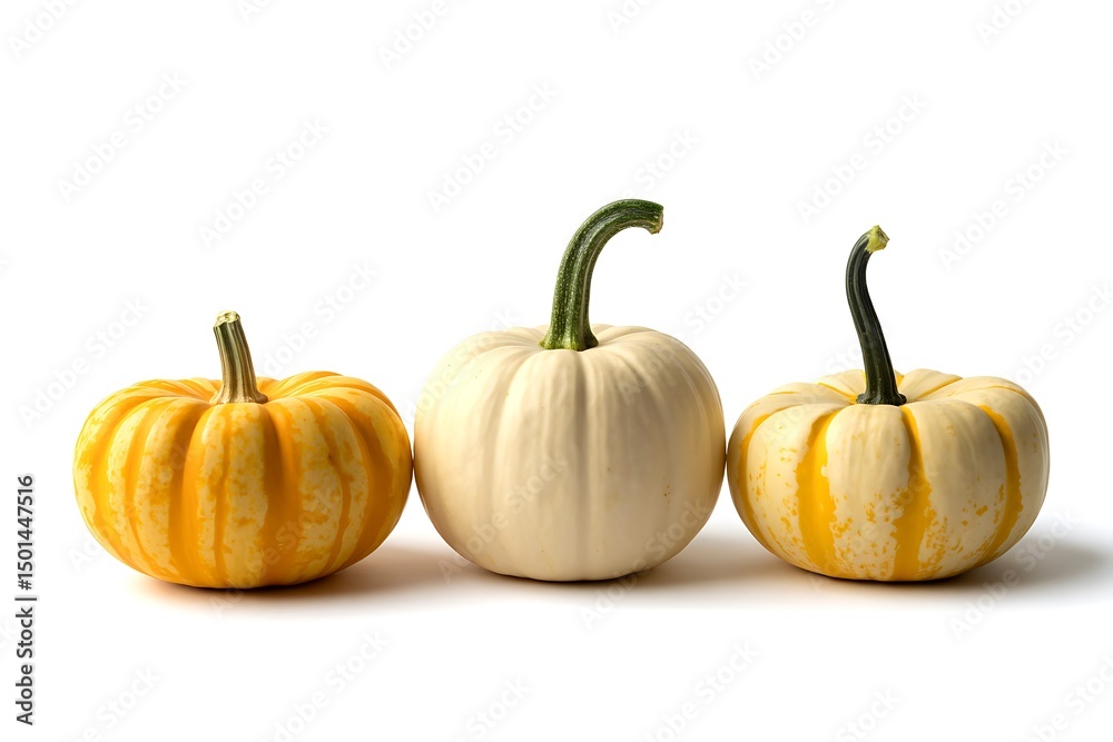 Fototapeta premium Three colorful miniature pumpkins of different varieties standing on a white background