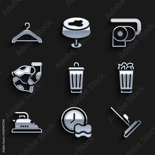Set Trash can, Washing dishes, Mop, Full trash, Electric iron, Socks, Toilet paper roll and Hanger wardrobe icon. Vector
