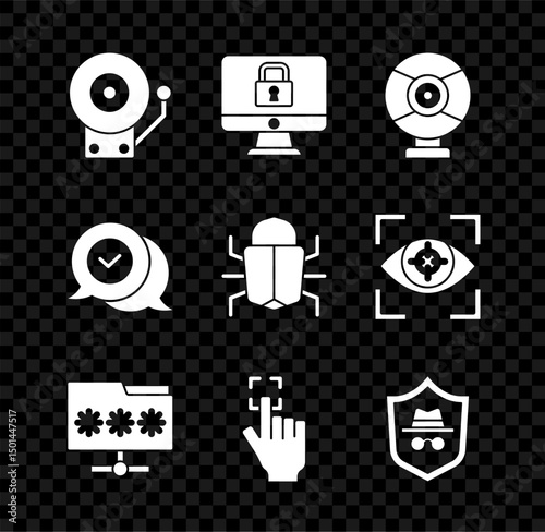 Set Ringing alarm bell, Lock on monitor, Security camera, Folder with password, Fingerprint, Incognito mode, Check mark speech bubble and System bug icon. Vector