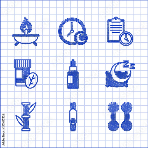 Set Essential oil bottle, Smartwatch, Dumbbell, Time to sleep, Bamboo, Vitamin pill, Sport training program and Aroma candle icon. Vector