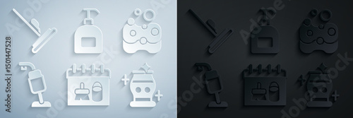 Set Cleaning calendar, Sponge, Vacuum cleaner, vase, Bottle of liquid soap and Mop icon. Vector