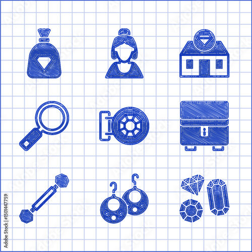 Set Jewelry store, Earrings, Gem stone, box, Piercing, Magnifying glass, and Bag with gems icon. Vector