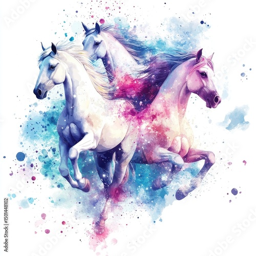 Three spirited horses in vibrant watercolor style, moving dynamically against a backdrop of colorful splashes