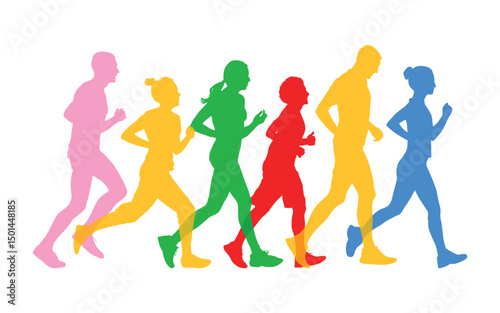 Walking marathon, people run, colorful poster. Vector illustration background silhouette