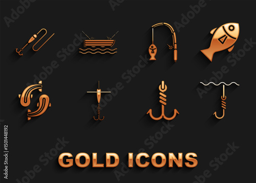 Set Fishing hook and float, under water, rod fish, line with and boat fishing on icon. Vector