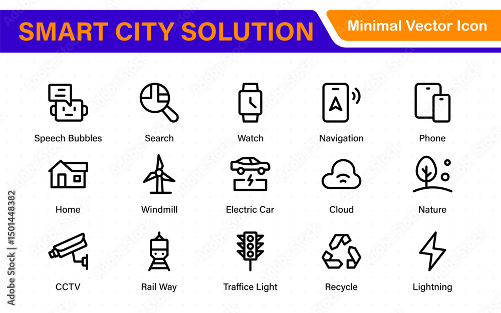 Naklejka premium Smart City Solutions Icon Set – Minimal Line Vector Illustrations for Urban Planning, IoT, Infrastructure, Transportation, and Smart Tech Designs