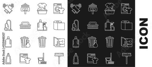 Set line Squeegee, wiper, Electric iron and towel, Toilet paper roll, Plastic basin with soap suds, Brush for cleaning, Vacuum cleaner, Rubber gloves and bottles liquid dishwashing liquid icon. Vector