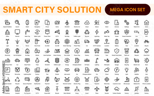 Smart City Solutions Icon Set – Minimal Line Vector Illustrations for Urban Planning, IoT, Infrastructure, Transportation, and Smart Tech Designs