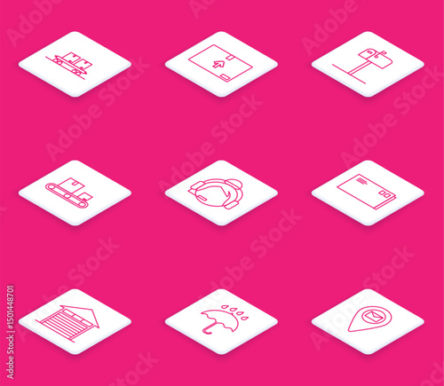 Set line Railway carriage, Cardboard box with traffic symbol, Open mail, Conveyor belt cardboard, Support operator in touch, Envelope, Closed warehouse and Umbrella and rain drops icon. Vector
