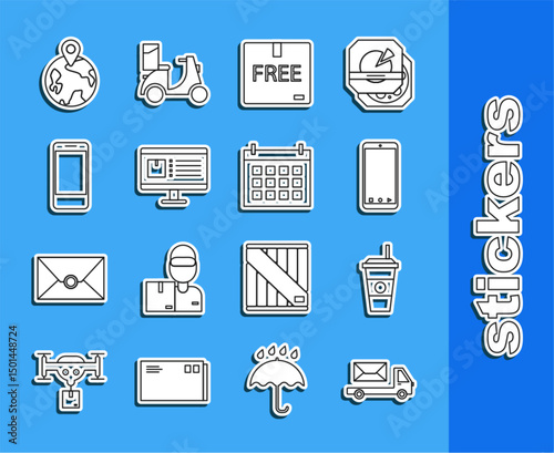 Set line Post truck, Coffee cup, Mobile phone with app delivery tracking, Cardboard box free symbol, Computer monitor, Worldwide and Calendar icon. Vector
