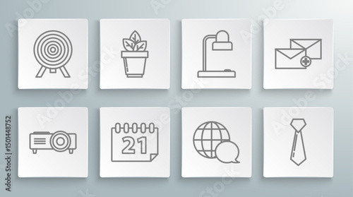 Set line Presentation, movie, film, media projector, Flowers in pot, Calendar, World map made from speech bubble, Tie, Table lamp, Envelope and Target icon. Vector