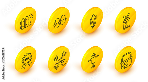 Set line Shopping basket, Scarecrow, Shovel and rake, Banner, label, tag, logo for eco, Windmill, Corn, Chicken egg box and Garden fence wooden icon. Vector
