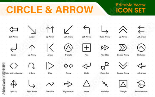Dynamic Circle and Arrow Icon Set. A Versatile Collection for Navigation, Directional Signs, Workflow Diagrams, User Interface Design, and Infographic Enhancements