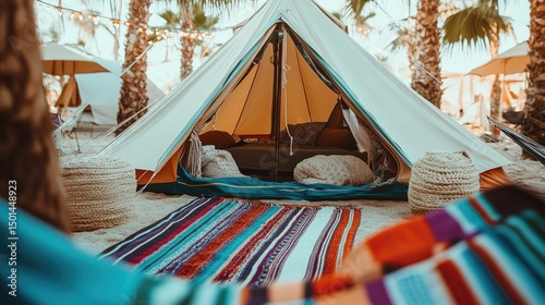 Luxurious glamping tent nestled in a tropical oasis, featuring comfortable bedding and vibrant textiles
