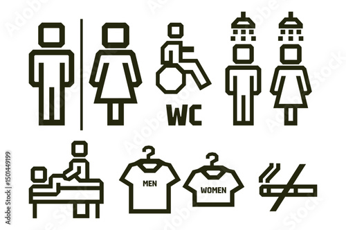 Modern vector set of bold geometric icons for public places: toilet, shower, massage room, changing rooms, smoking, toilet for people with disabilities - monochrome minimalist style WC