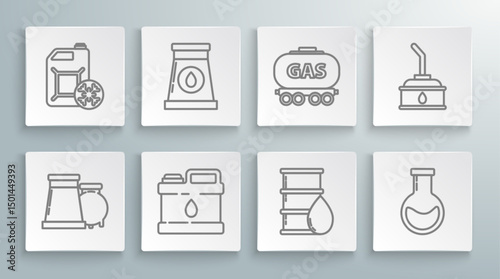 Set line Oil and gas industrial factory building, Canister for motor machine oil, Barrel, Test tube flask, Gas railway cistern, and Antifreeze canister icon. Vector
