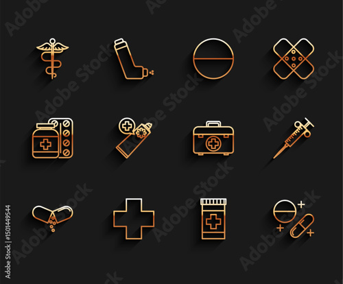 Set line Medicine pill or tablet, Cross hospital medical, Caduceus snake symbol, bottle, Ointment cream tube medicine, Syringe and First aid kit icon. Vector
