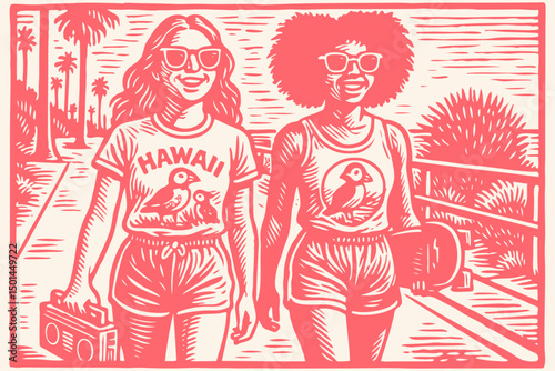 Two young women, one with a boombox, the other with a skateboard, stroll on a boardwalk. Retro linocut/woodcut style. Summer vibes, friendship, vintage.