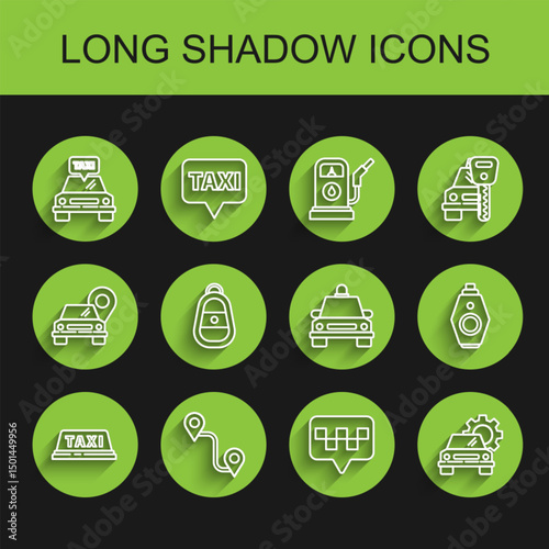 Set line Taxi car roof, Route location, Map pointer with taxi, Car service, key remote, and icon. Vector