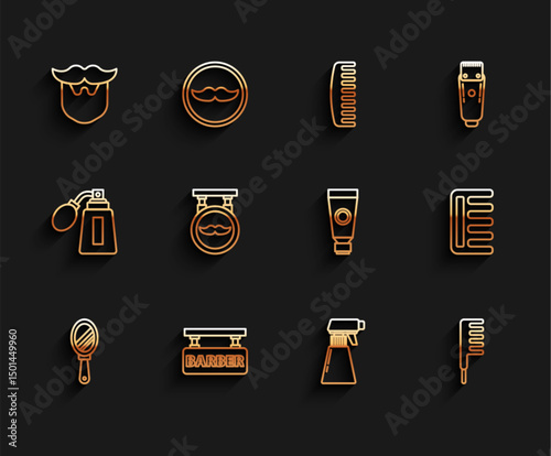 Set line Hand mirror, Barbershop, Mustache beard, Hairdresser pistol spray bottle, Hairbrush, and Cream lotion cosmetic tube icon. Vector