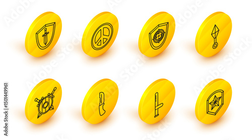 Set line Police badge, rubber baton, Military knife, Wooden shield with crossed swords, Japanese ninja shuriken, Target sport, Peace and Medieval icon. Vector