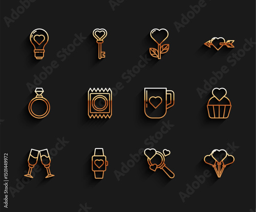 Set line Glass of champagne, Heart in the center wrist watch, shape light bulb, Search heart and love, Balloons form, Condom package, Wedding cake with and Coffee cup icon. Vector