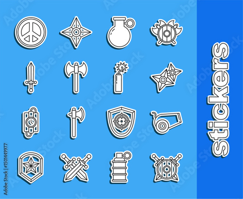 Set line Wooden shield with crossed swords, Cannon, Japanese ninja shuriken, Hand grenade, Medieval axe, Peace and Dynamite bomb stick clock icon. Vector