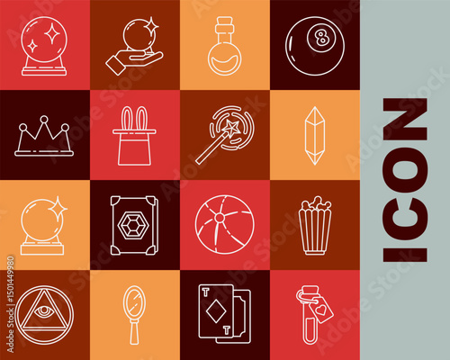 Set line Bottle with love potion, Popcorn in box, Magic stone, Magician hat and rabbit ears, Crown, ball and wand icon. Vector