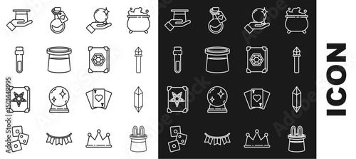 Set line Magician hat and rabbit ears, stone, staff, ball hand, Bottle with love potion, in and Ancient magic book icon. Vector