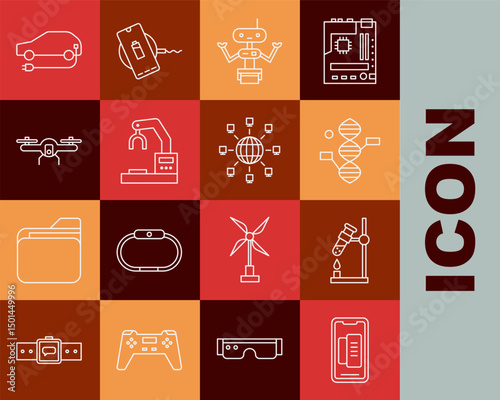 Set line Smartphone, mobile phone, Test tube flask fire, DNA symbol, Robot, Robotic robot arm hand factory, Drone flying, Electric car and Social network icon. Vector