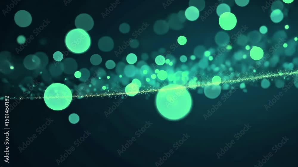 Emerald green bokeh particles flowing in smooth horizontal wave motion on dark teal background, abstract glowing dots in soft focus, concept of data visualization, meditation, digital wellness