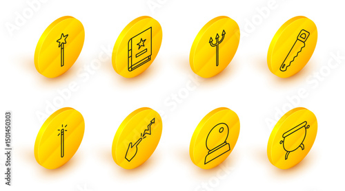 Set line Witch cauldron, Magic ball, Spell, wand, Hand saw, Neptune Trident, Ancient magic book and icon. Vector