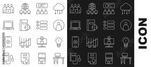 Set line Computer monitor and desk, Light bulb with concept of idea, Create account screen, Training, presentation, Audio book, Laptop, Online class and Task list icon. Vector