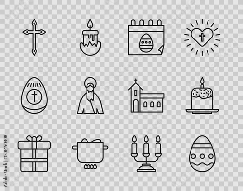 Set line Gift box, Easter egg, Calendar with, Egg in hot pot, Christian cross, Jesus, Candelabrum candlesticks and cake icon. Vector