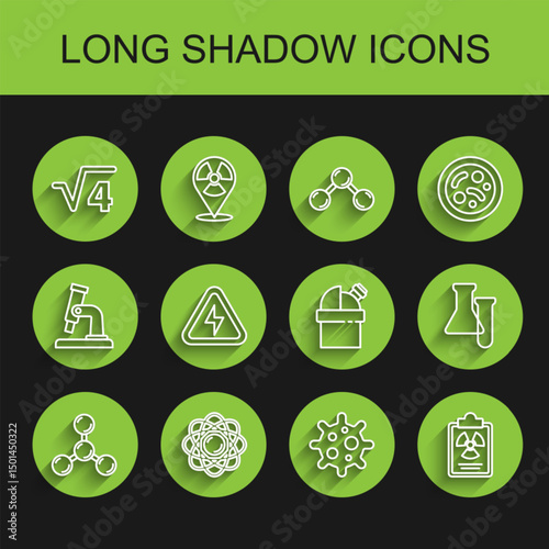 Set line Molecule, Atom, Square root of 4 glyph, Virus, Radiation warning document, High voltage, Test tube and flask and Astronomical observatory icon. Vector