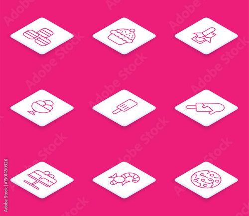 Set line Macaron cookie, Cupcake, Chocolate bar, Ice cream in bowl, Cake plate and Christmas candy cane icon. Vector