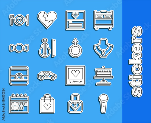 Set line Microphone, Cake plate, Necklace mannequin, Greeting card, Violin, Bow tie, Plate, fork and knife and Male gender symbol icon. Vector